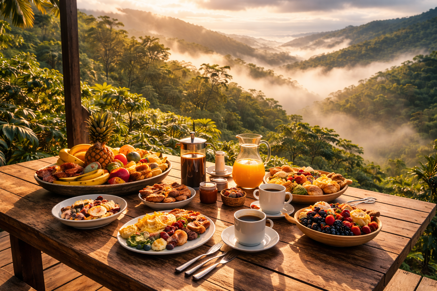 Farm-to-table breakfast on a hillside deck overlooking the mountains of Puerto Rico